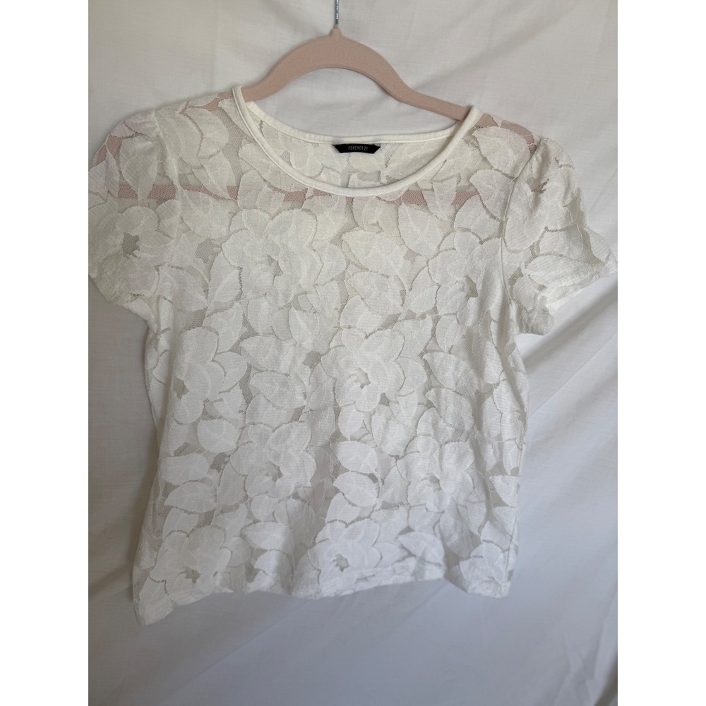 Forever 21 White Floral Lace Short Sleeve Crew Neck Sheer Mesh Top